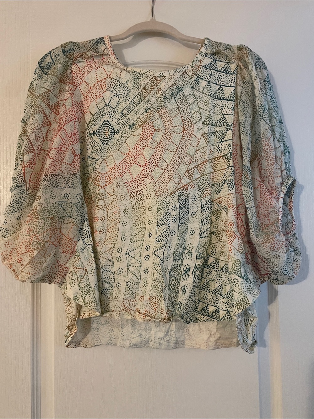 Puff-Sleeve Abstract Print Blouse in Cream with Green & Coral Accents
